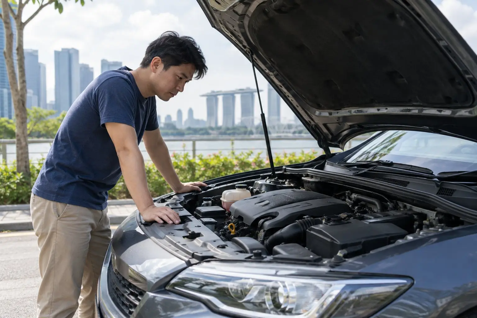 A person inspecting the engine bay of an unbranded used car in daylight