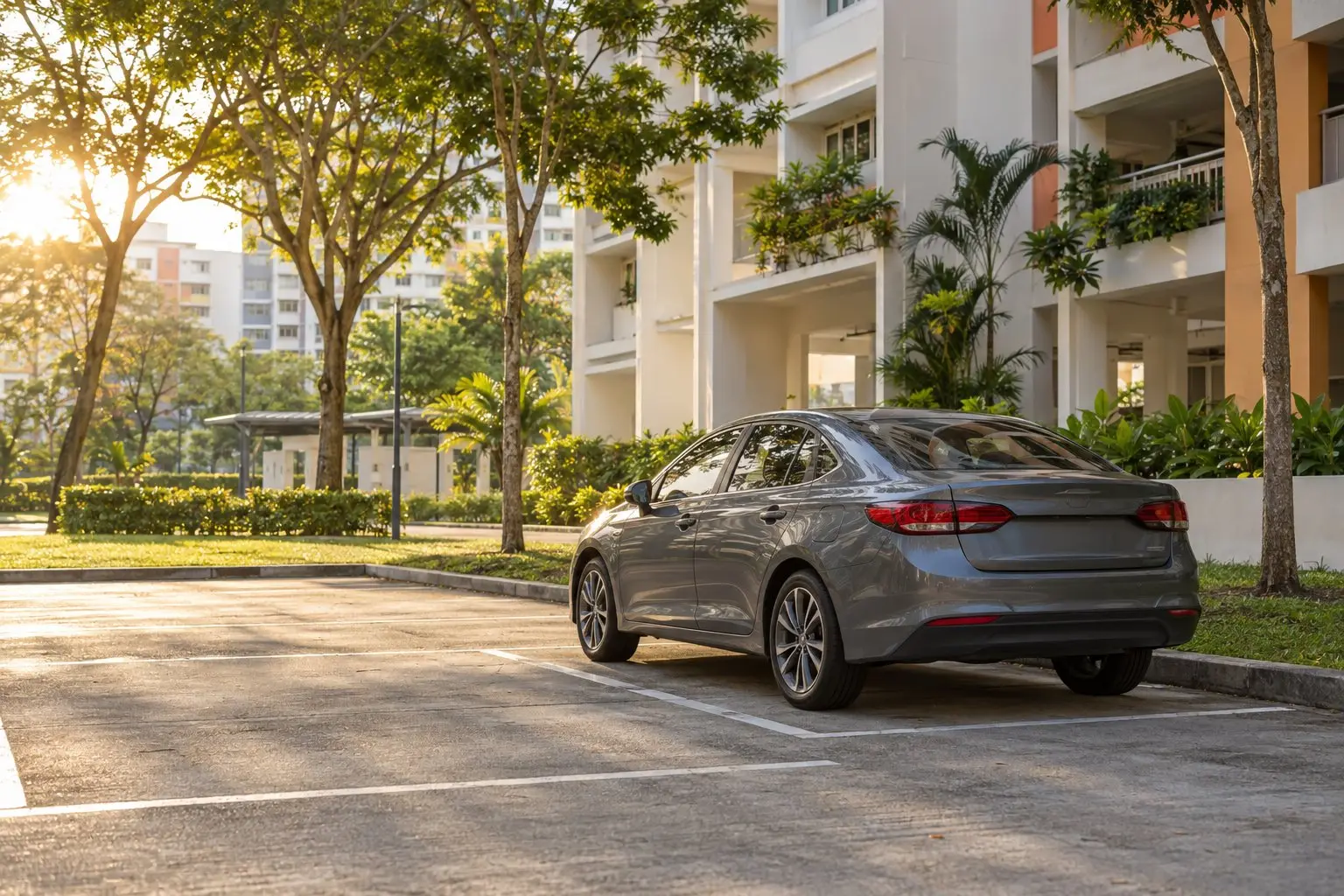 An unbranded car parked outside an HDB block in the early morning light