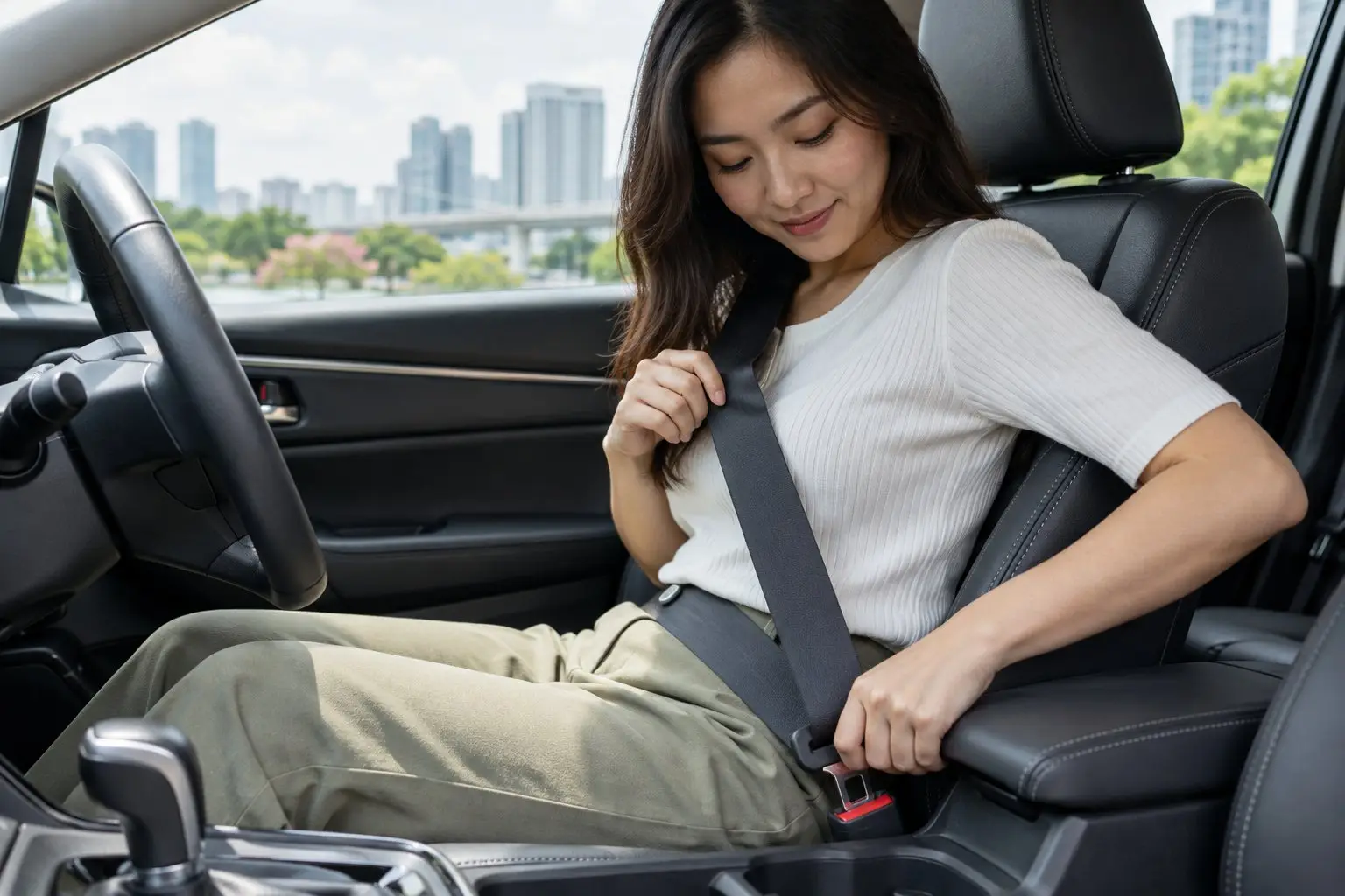 A driver fastening a seatbelt inside a car in daylight