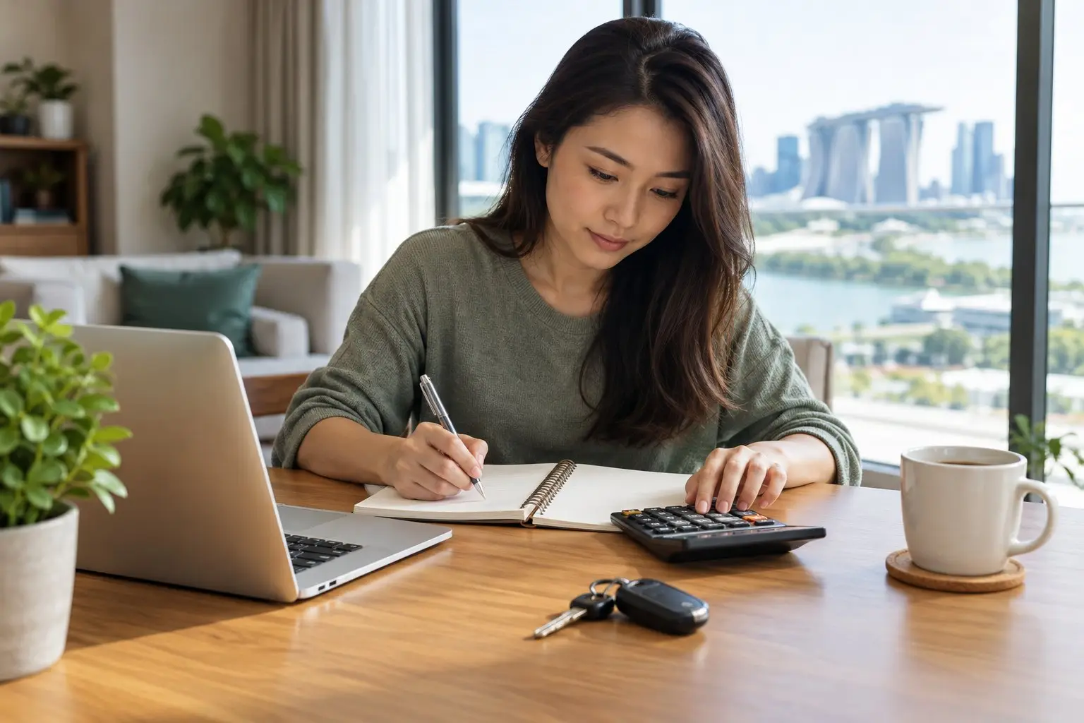 A buyer comparing car-loan figures on a calculator and notepad at a bright desk with car keys beside them