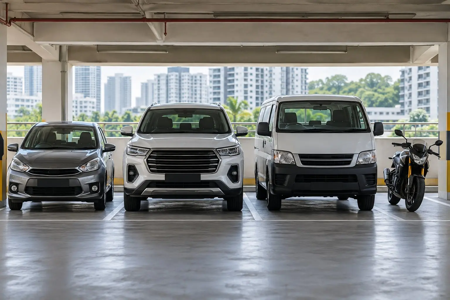 A hatchback, an SUV, a van and a motorcycle parked side by side in a car park