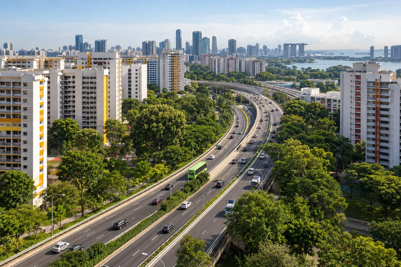 Aerial view of Singapore expressway traffic weaving between HDB blocks in daylight