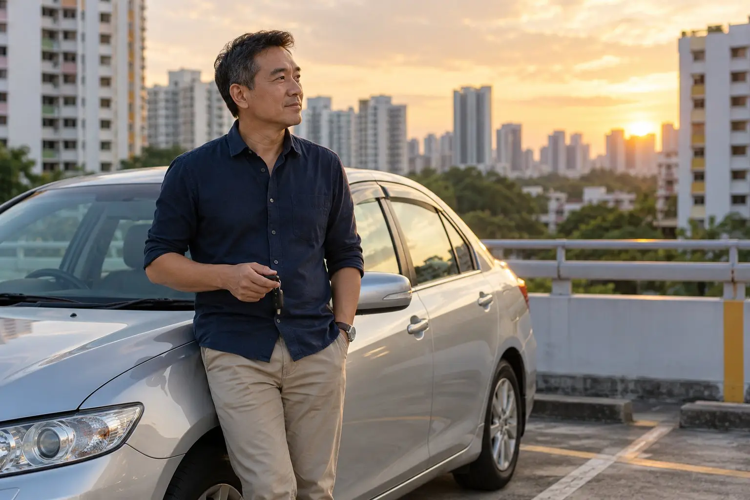 A man standing beside an older sedan in an HDB car park at sunset