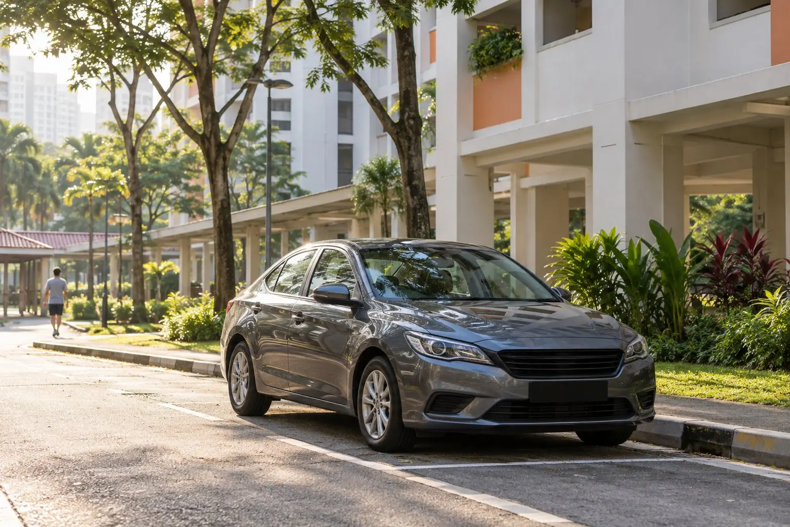 An unbranded car parked outside an HDB block in the early morning