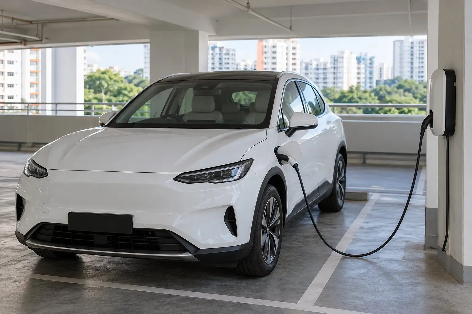 An electric car plugged into a charging point in an HDB multi-storey carpark in daylight