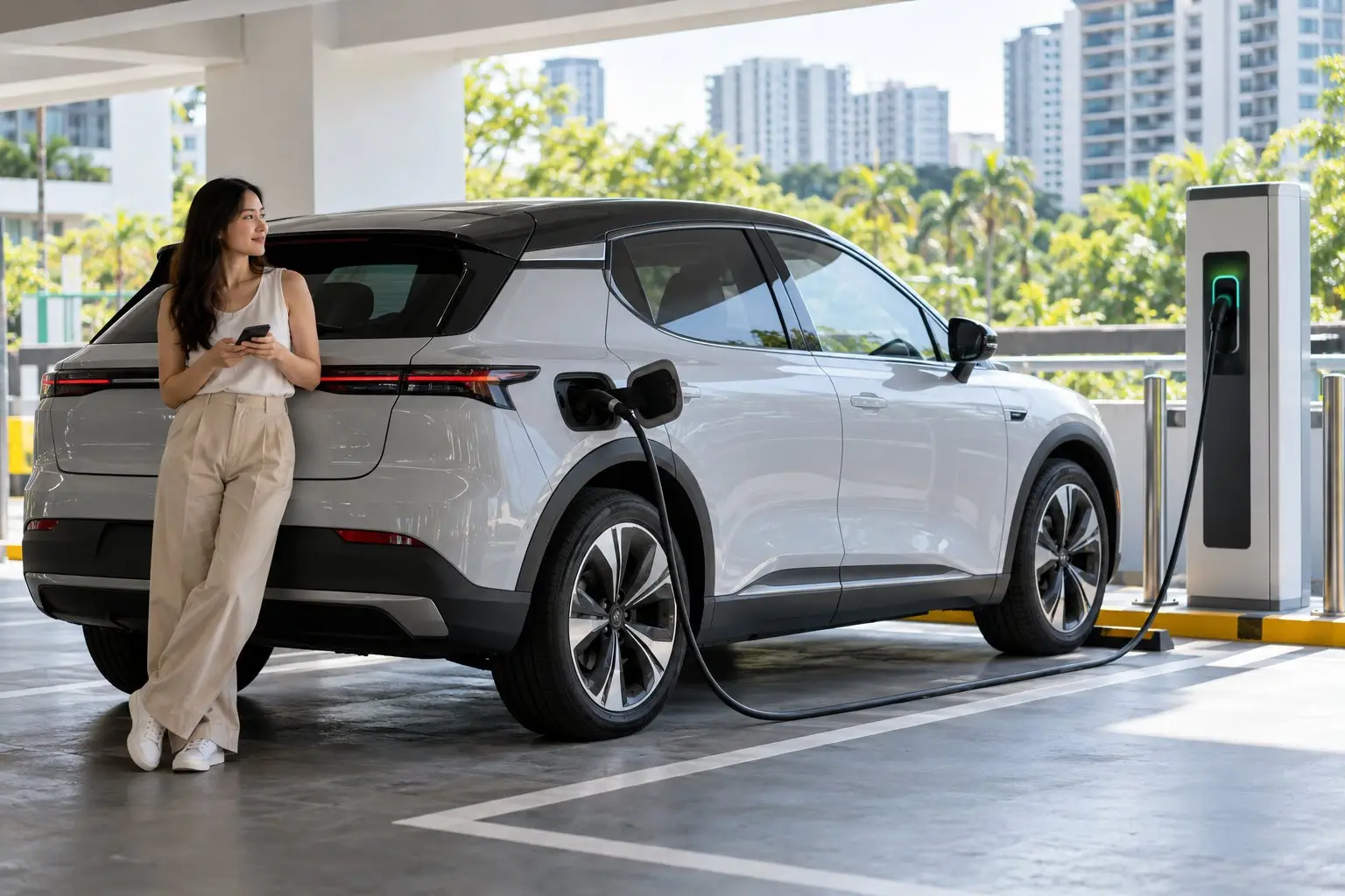 A generic electric car parked beside a charging point in a bright car park