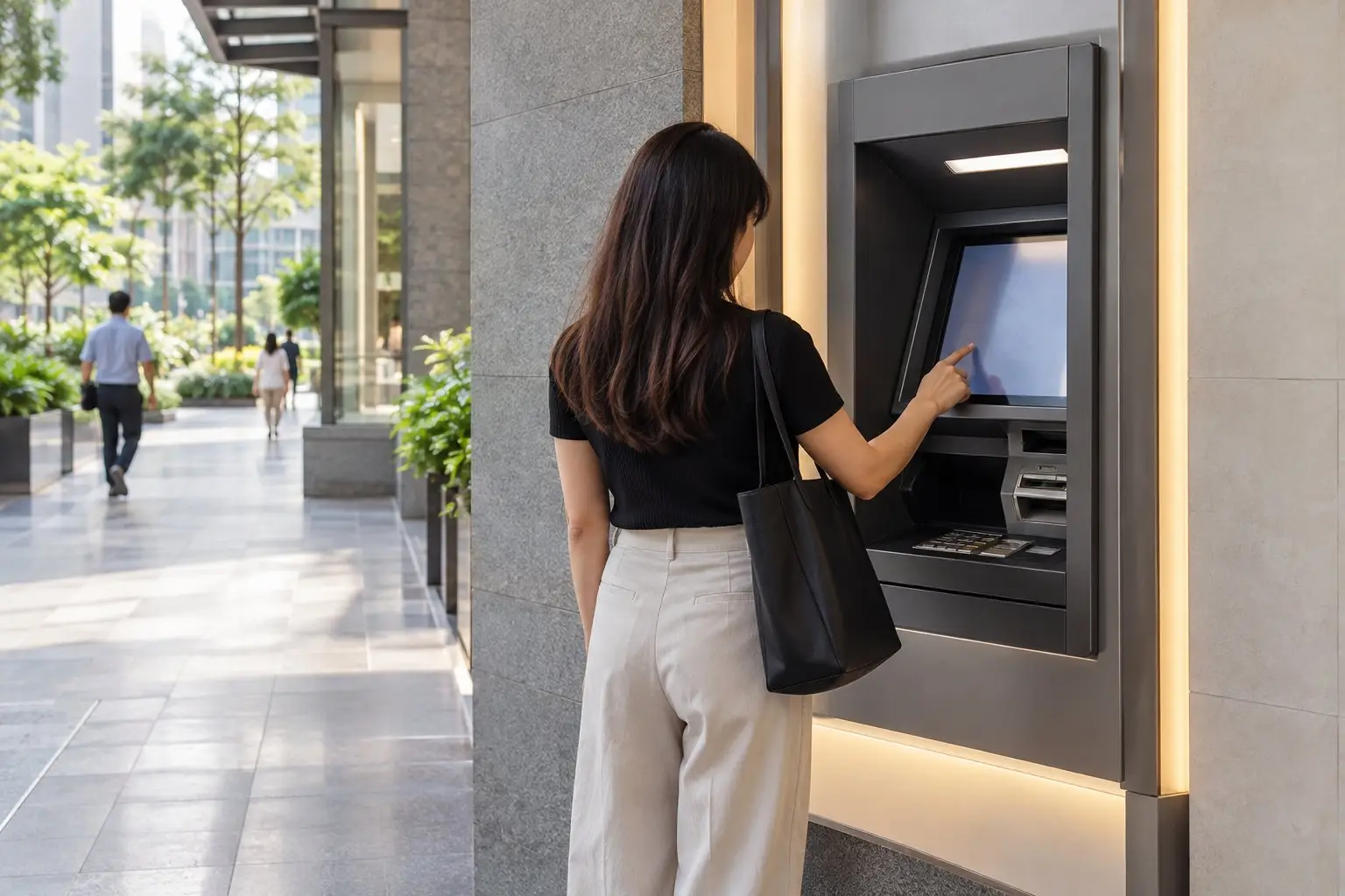 A person using a bank ATM touchscreen, seen from behind, in a public walkway