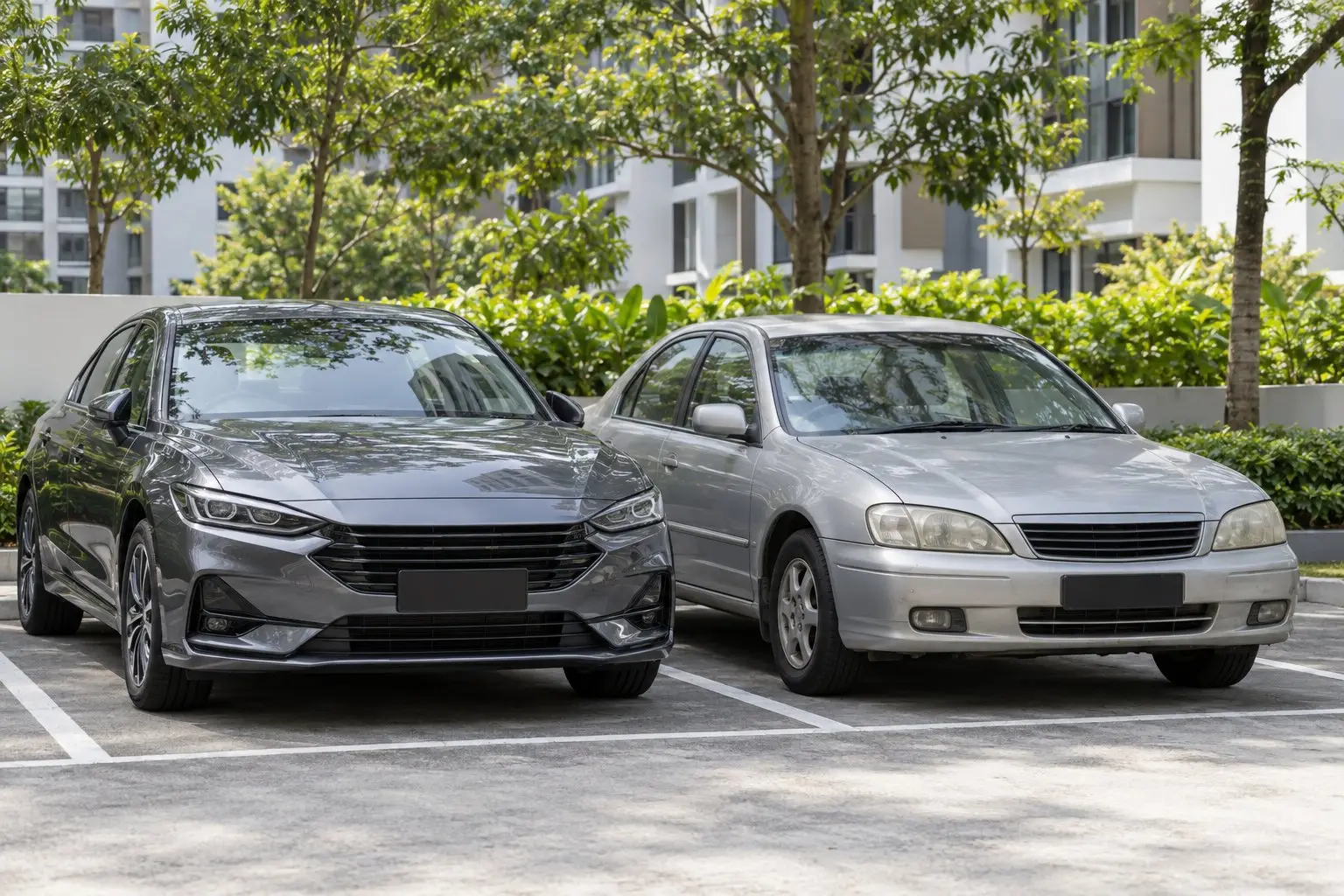 A newer and an older unbranded car parked side by side in a daytime car park
