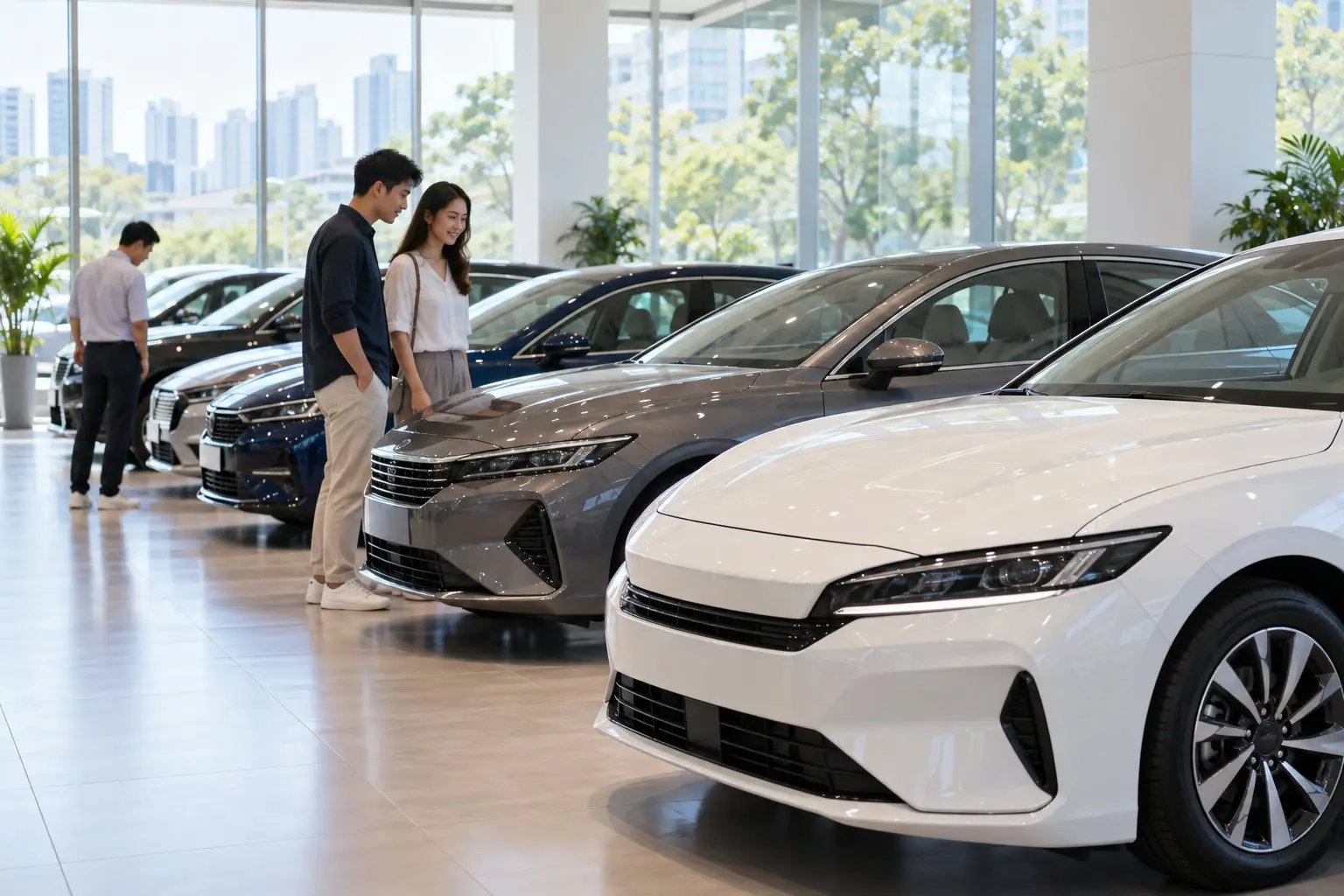 A row of unbranded new cars parked in a bright showroom