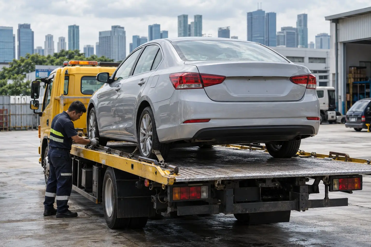 A plain unbranded sedan loaded on a flatbed tow truck at an industrial yard in daylight